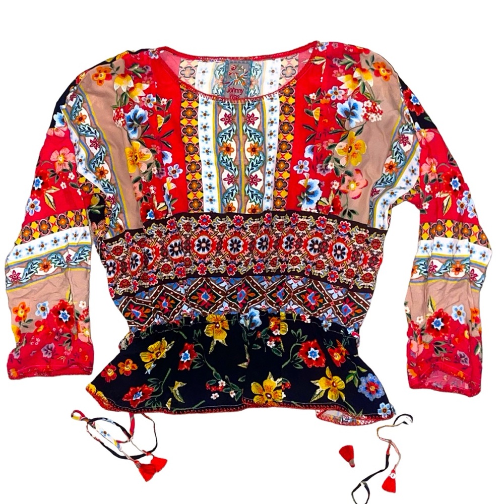 Johnny Was Drop Drawstring Waist Patchwork Printed Blouse Size Medium